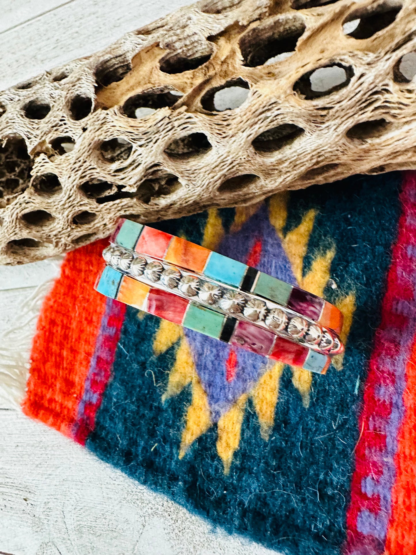 Handcrafted Multi Stone & Sterling Silver Inlay Cuff Bracelet