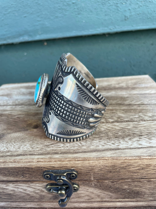 Handcrafted Stamped Turquoise And Sterling Silver Cuff Bracelet By Elvira Bill