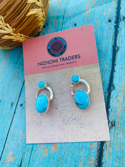 Handcrafted Kingman Turquoise & Sterling Silver Post Earrings Signed