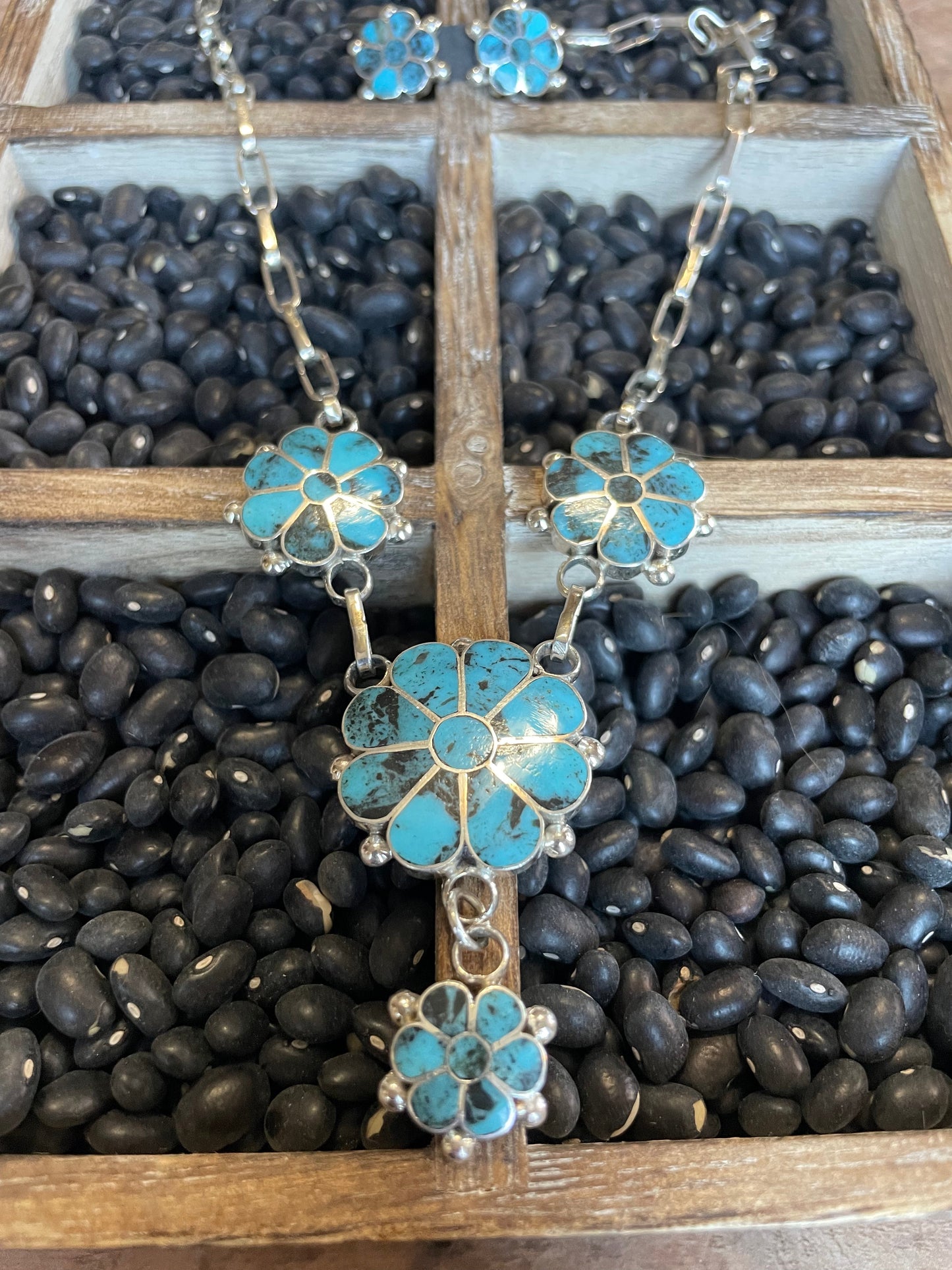 Handcrafted Sterling Silver & Turquoise Flower Necklace Earrings Set Signed