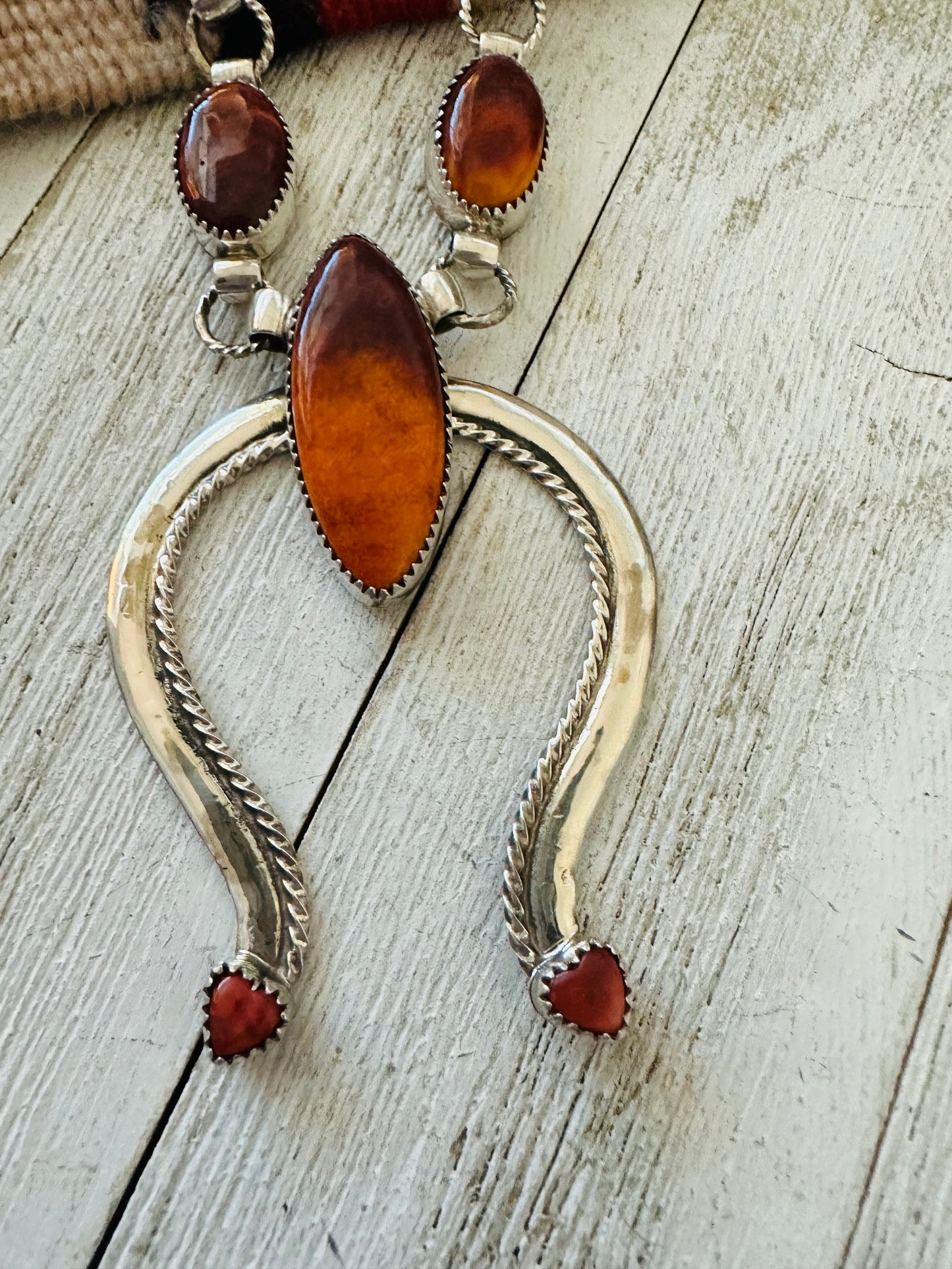 Handcrafted Sterling Silver & Orange Spiny Beaded Naja Necklace