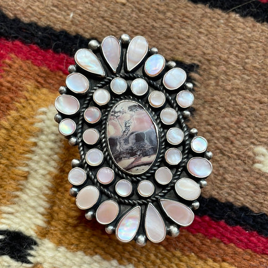 Handcrafted Sterling Silver, Rhodonite, Pink Conch Cluster Statement Ring Size 8 Signed