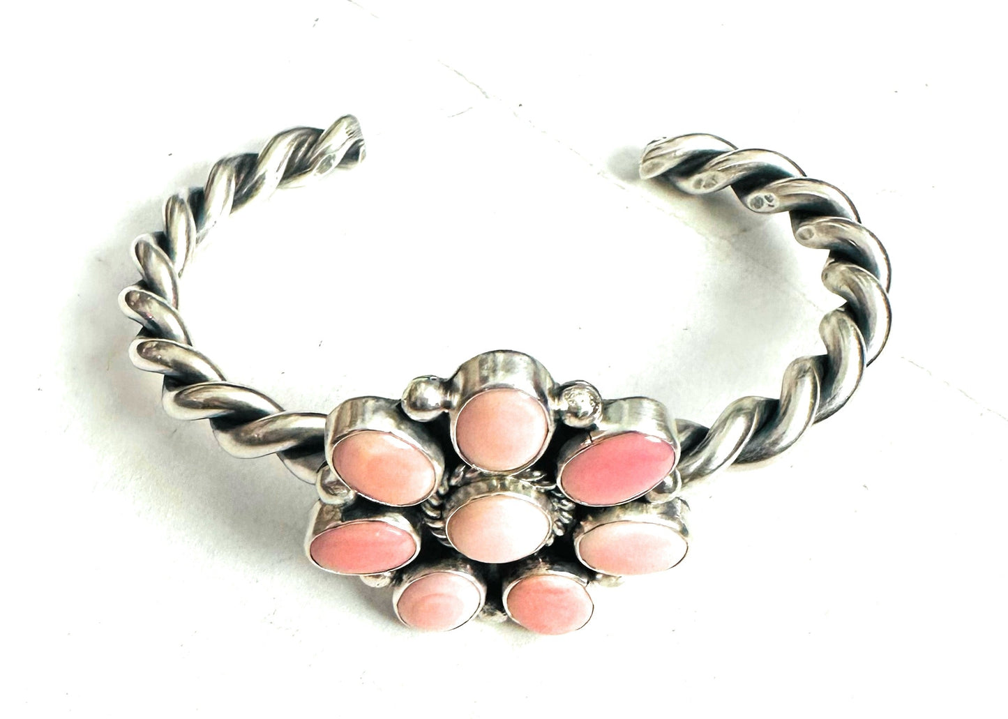 Navajo Queen Pink Conch Shell & Sterling Silver Cluster Cuff Bracelet
