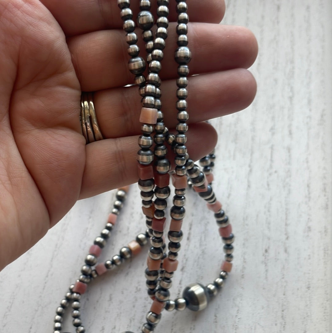 Handcrafted Pink Conch & Sterling Silver Beaded Necklace 72”
