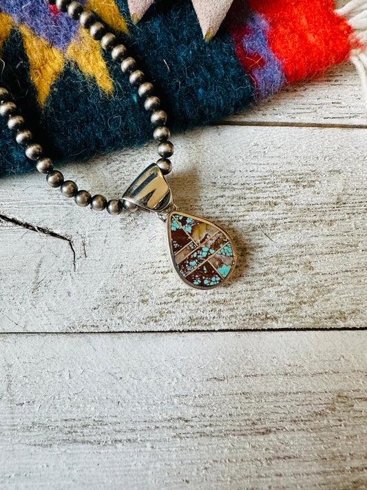 Handcrafted Number 8 Turquoise & Sterling Silver Teardrop Inlay Pendant