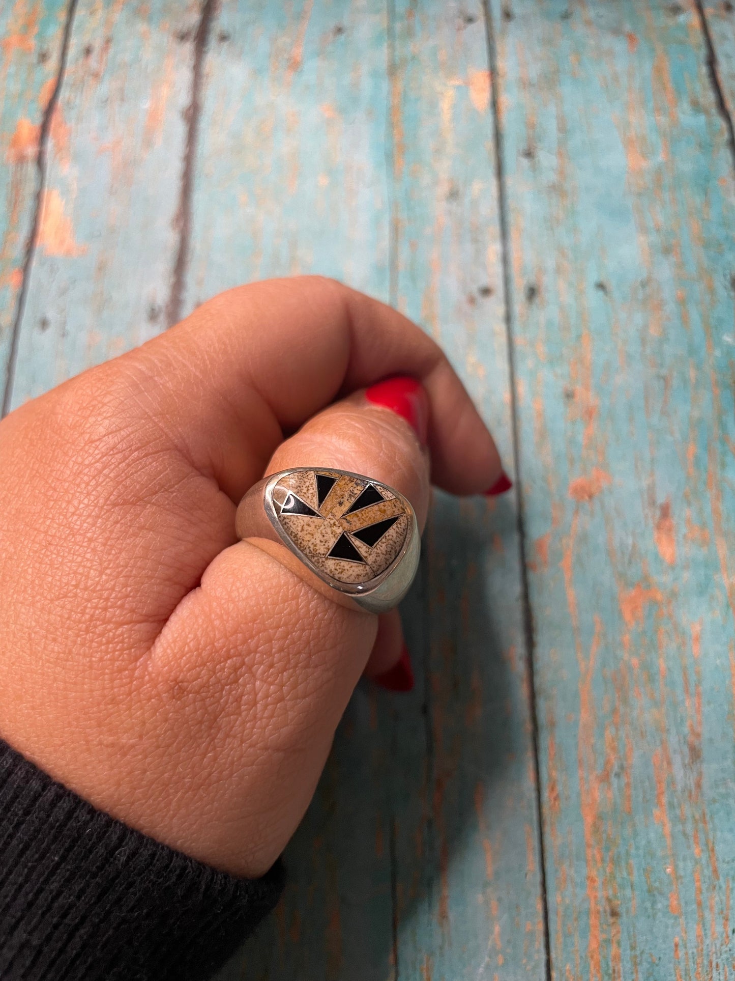 Old Pawn Handcrafted Sterling Silver, Tiger Eye & Onyx Ring Size 10.5