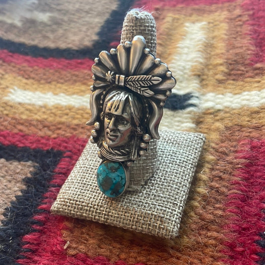 Beautiful Handcrafted Sterling Silver & Turquoise Chief Adjustable Ring Signed Russell Sam