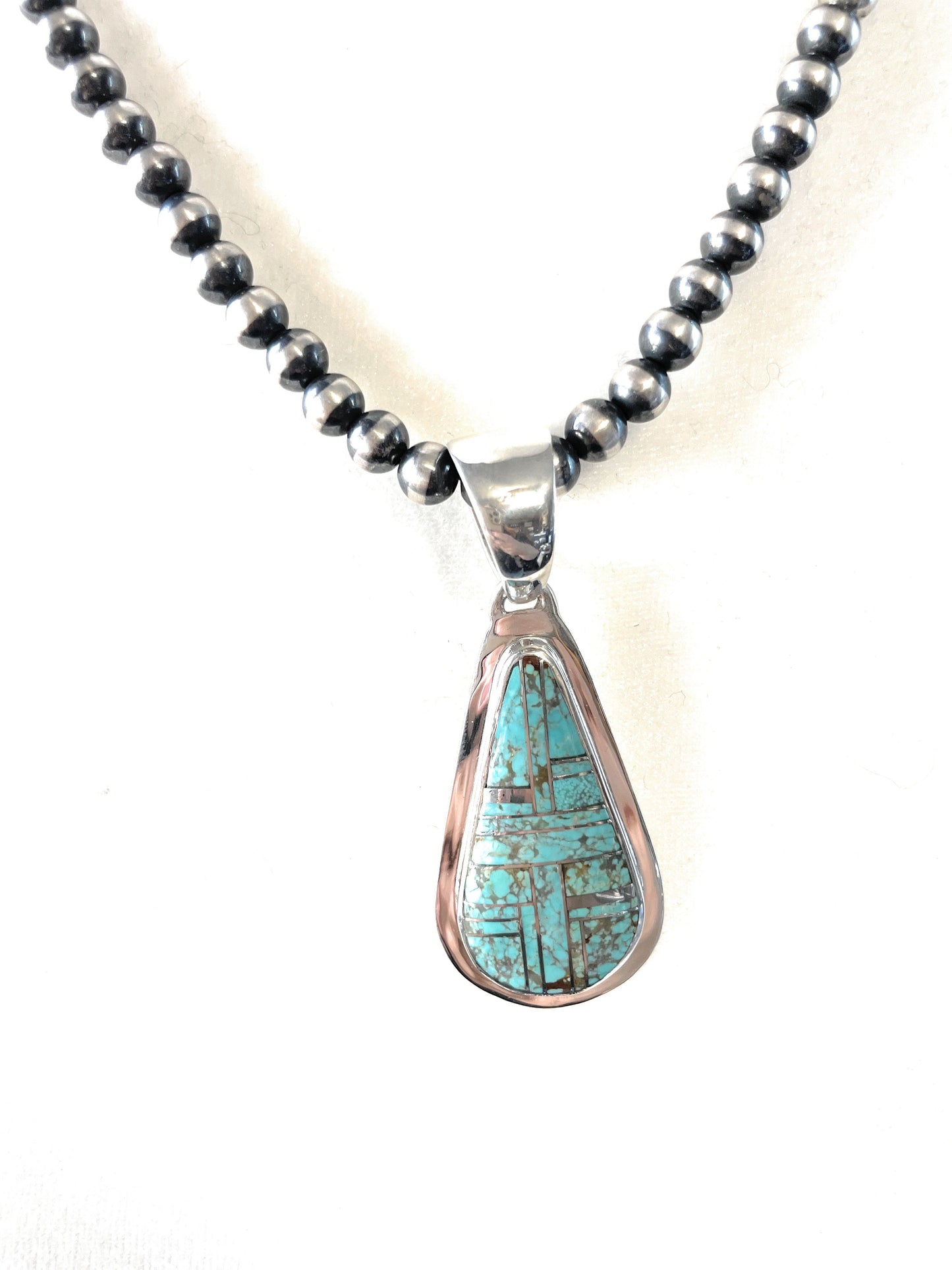 Handcrafted Number 8 Turquoise Inlay & Sterling Silver Pendant Signed