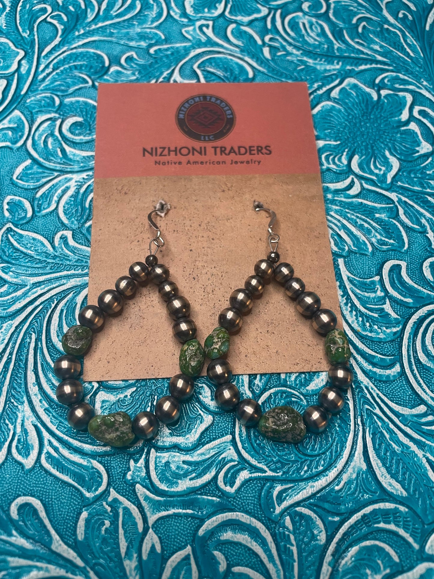 Navajo Sterling Silver Pearl Beaded Dangle Hoop Earrings