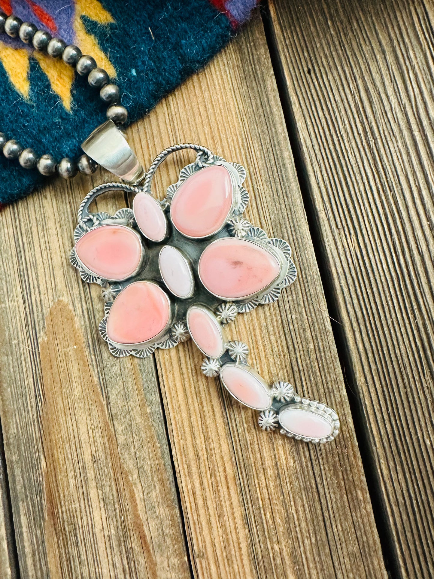 Handcrafted Queen Pink Conch & Sterling Silver Dragonfly Pendant By Tina Benally