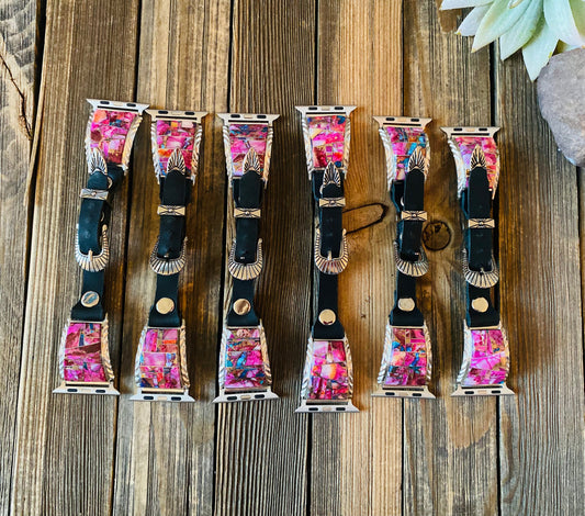 Handcrafted Pink Dream Mohave, Sterling Silver & Black Leather Smartphone Watch Band