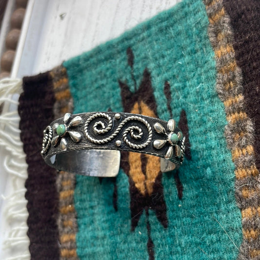 Handcrafted Sterling Silver & Turquoise Flower Swirl Bracelet Cuff Signed