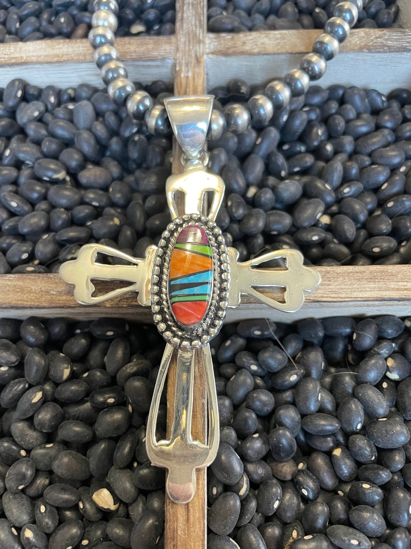Handcrafted Multi Stone Inlay & Sterling Silver Cross Pendant Signed