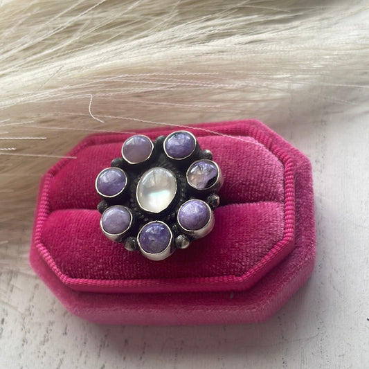 Handcrafted Charoite & White Topaz Sterling Silver Adjustable Ring Signed