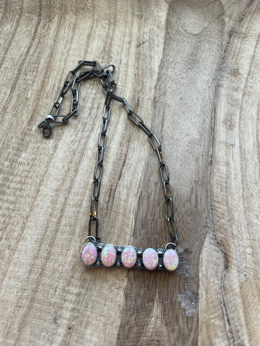 Handcrafted Sterling Silver & Pink Opal Bar Necklace 16 inch Signed