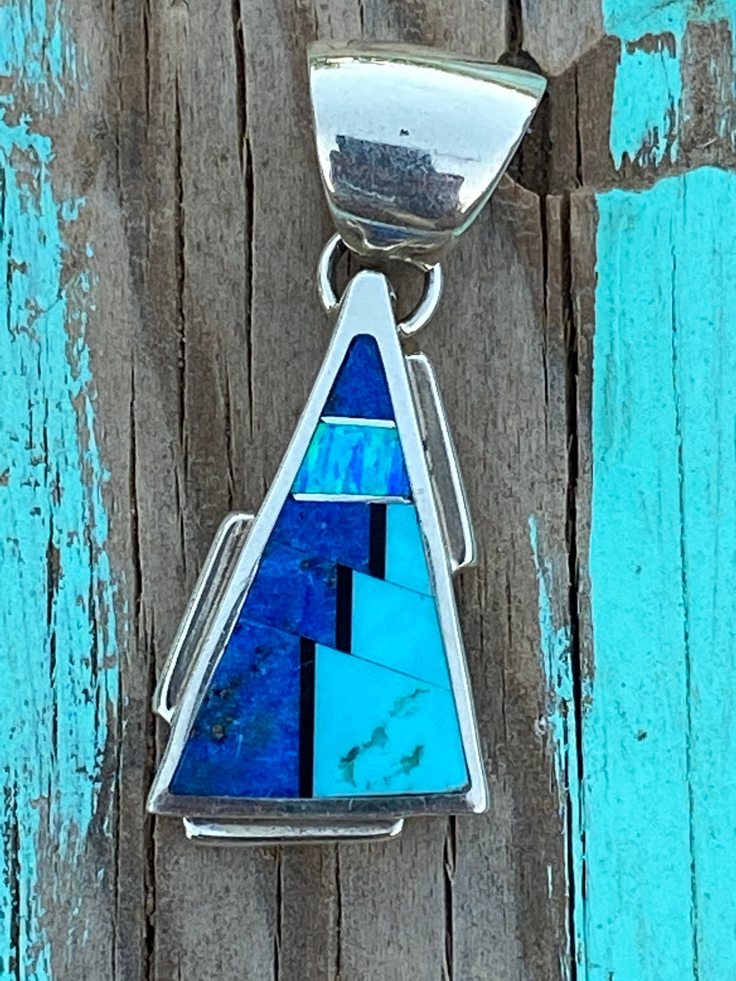 Handcrafted Lapis Turquoise Blue Opal Triangle Pendant 1.5”
