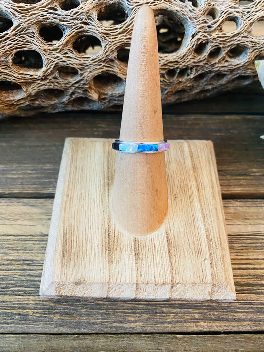 Handcrafted Sterling Silver & Multicolor Opal Inlay Band Ring Size 5.75