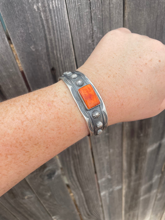 Handcrafted Sterling Silver & Orange Spiny Cuff Stamped And Signed By Chimney Butte