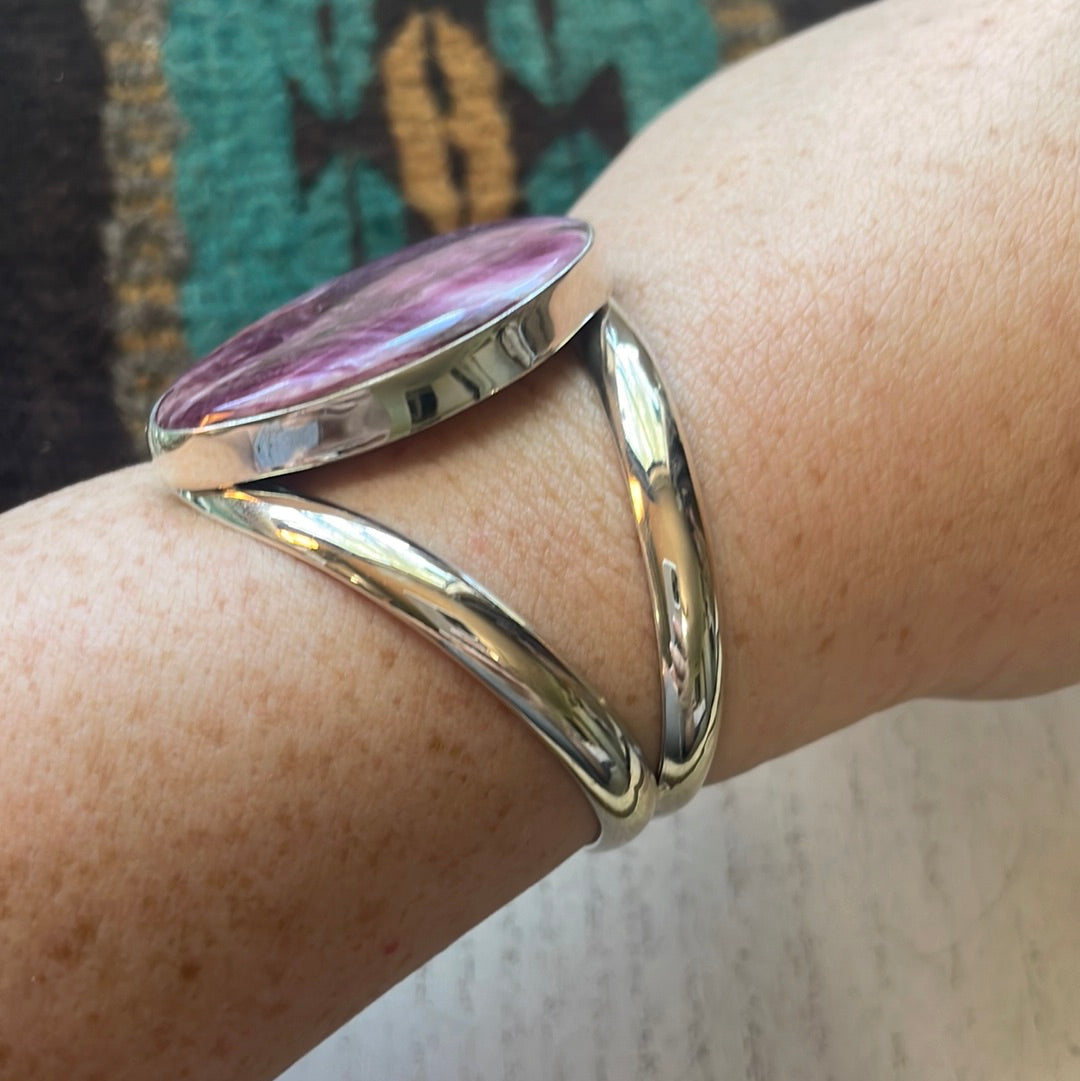 Handcrafted Sterling Silver & Purple Spiny Cuff Bracelet Signed