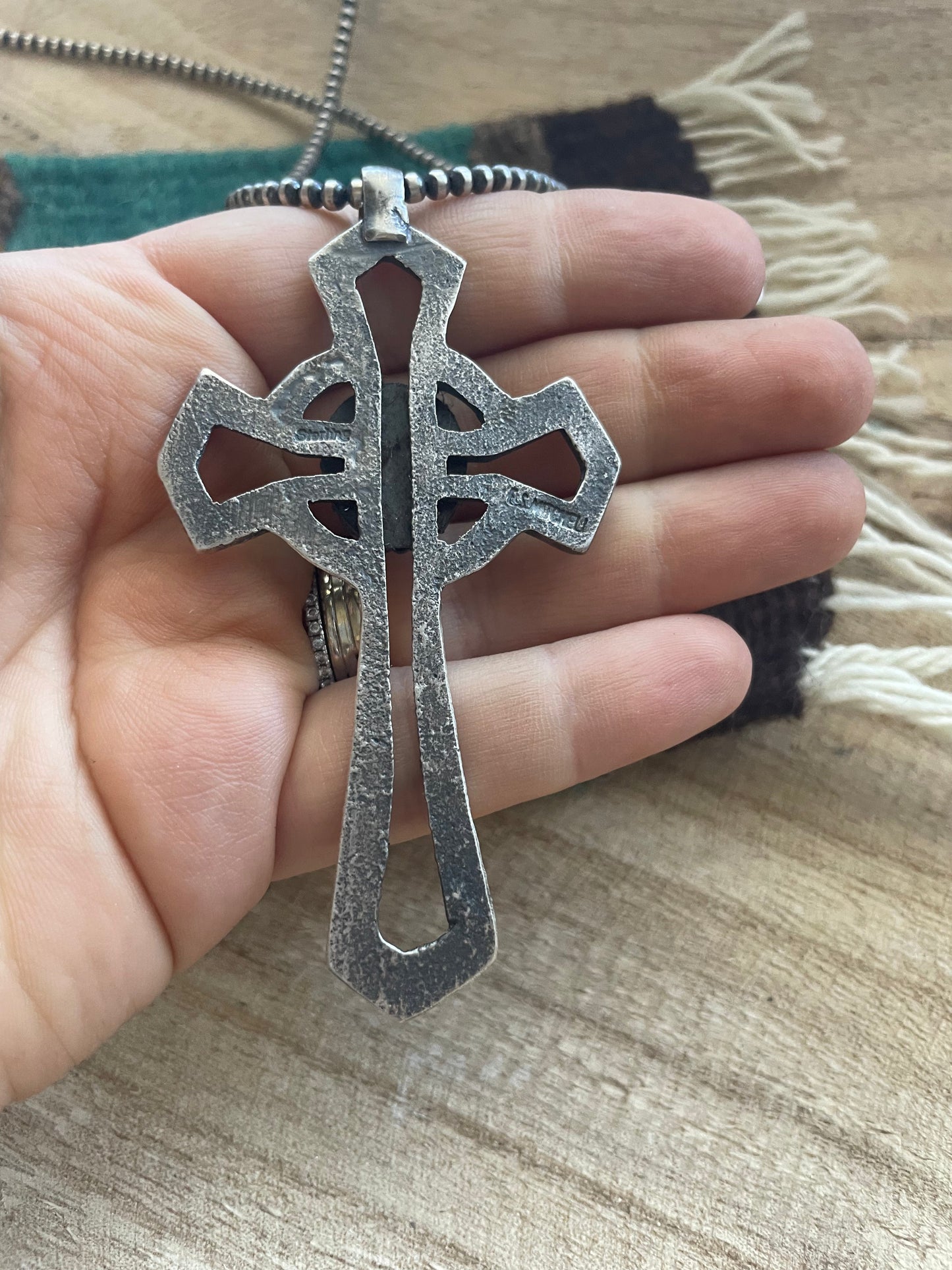 Handcrafted Sterling Silver & Turquoise Cross Pendant Signed Eugene Mitchell