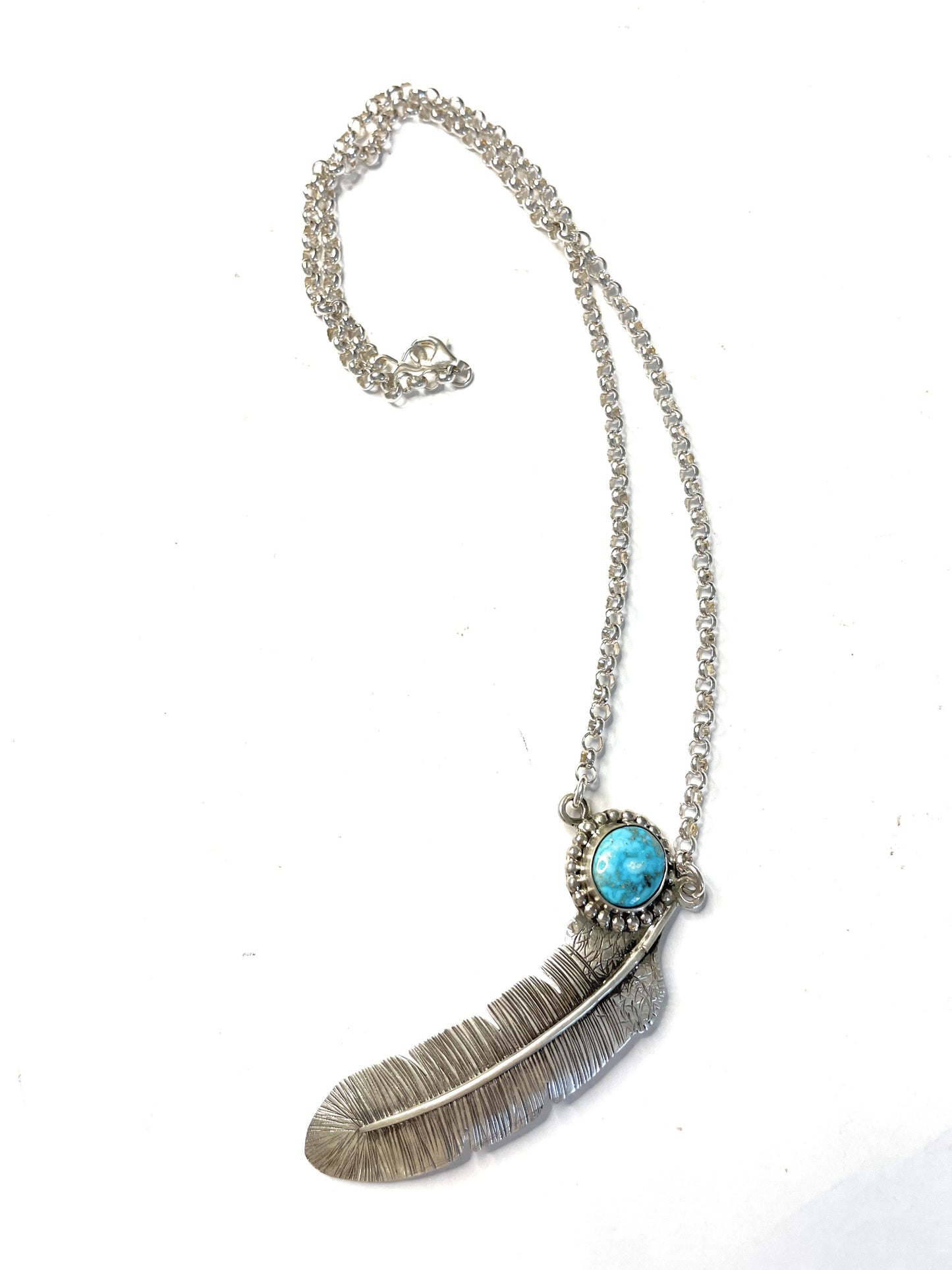 Navajo Sterling Silver And Turquoise Feather Necklace Signed And Stamped