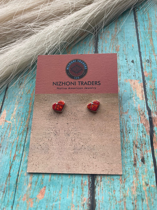 Handcrafted Sterling Silver & Red Opal Inlay Heart Stud Earrings