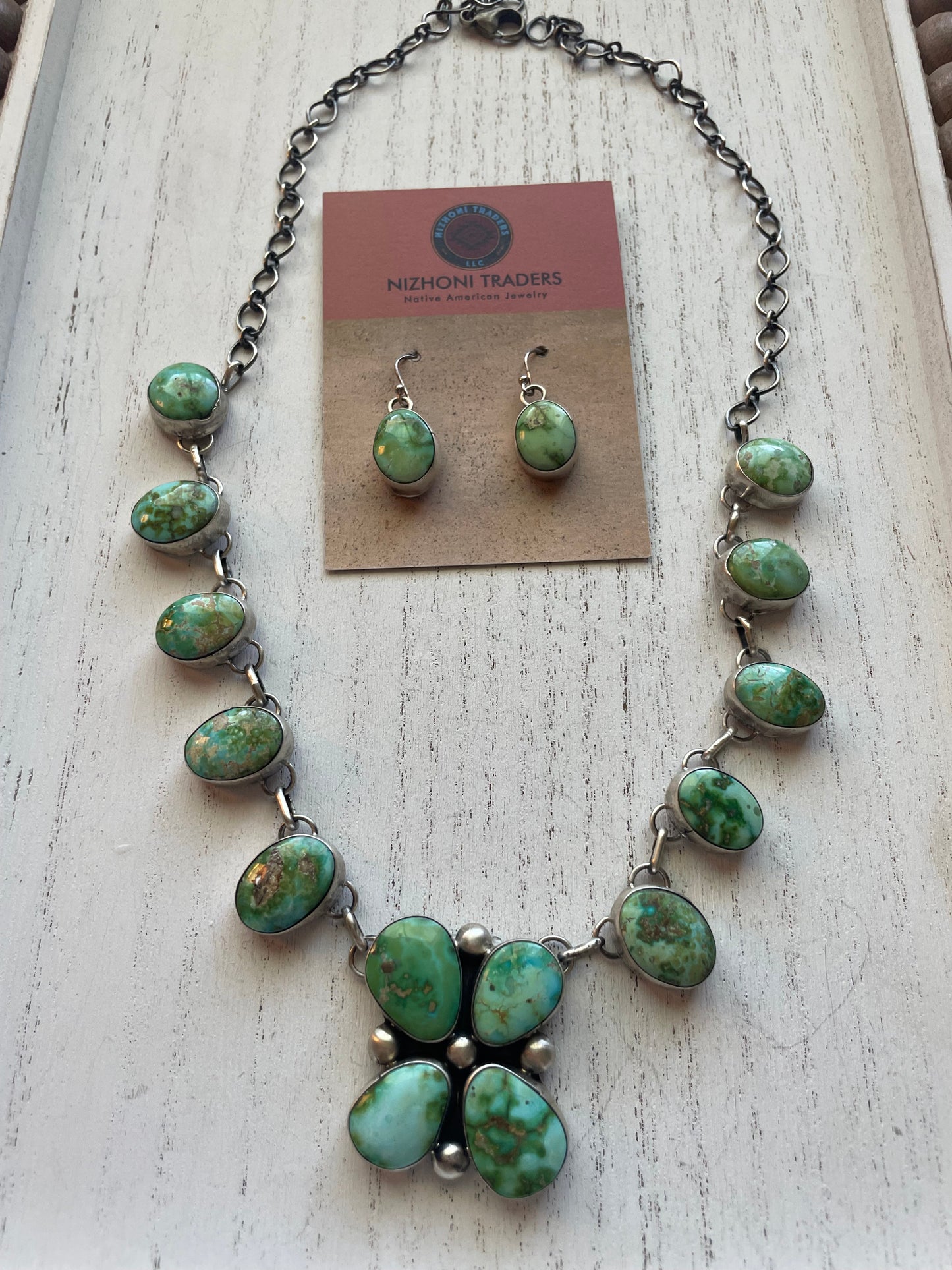 Beautiful Navajo Sterling Silver Sonoran Mountain Turquoise Necklace & Earring Set Signed B Johnson