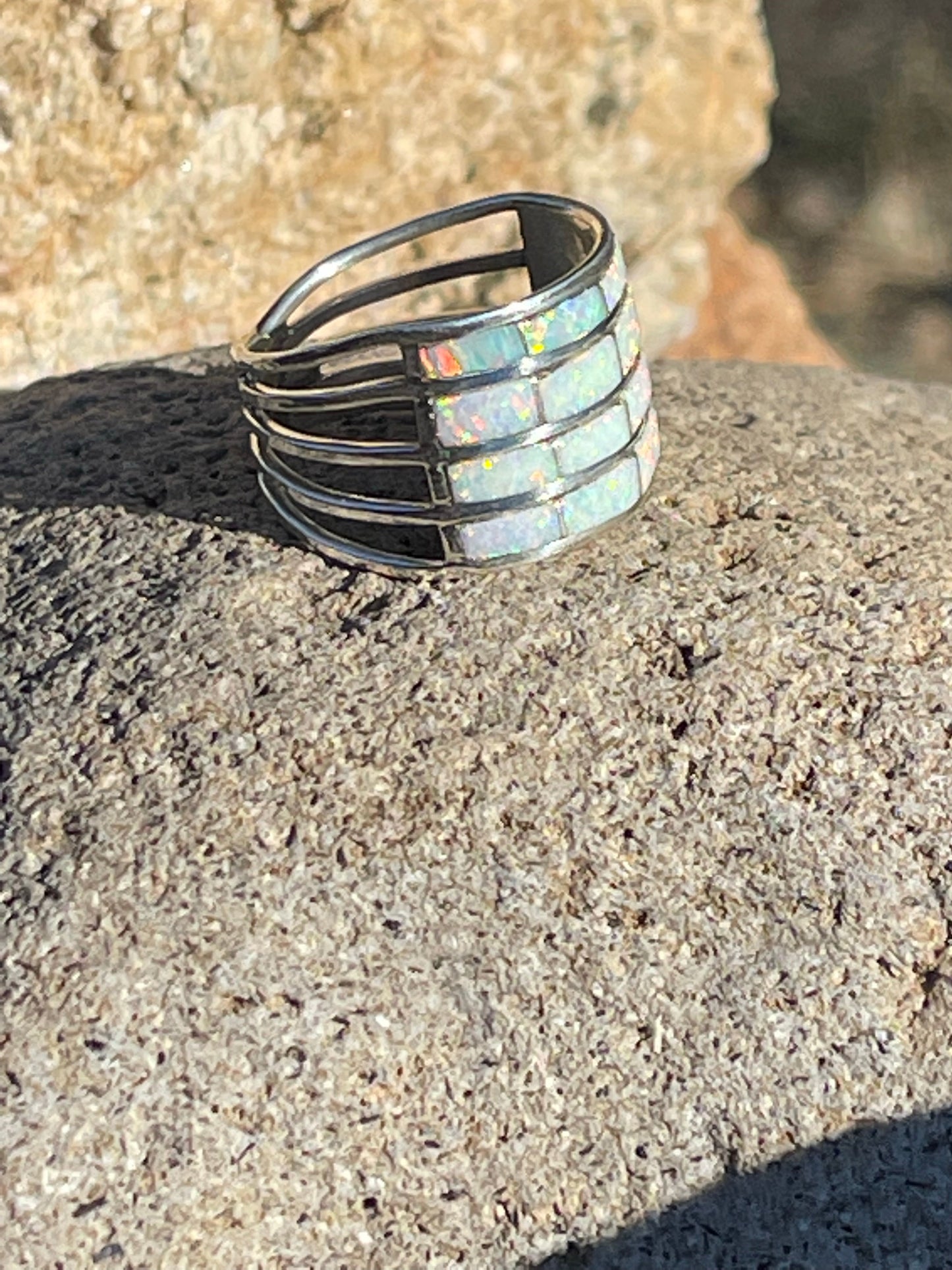 Handcrafted White Fire Opal 4 Row Stacker