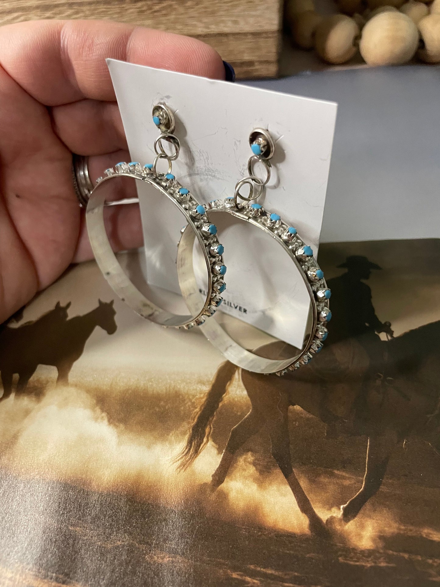 Navajo Sterling Silver And Turquoise Hoop Earrings