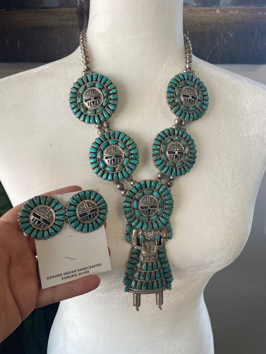 Vintage Handcrafted Sterling Silver And Turquoise Kachina Squash Blossom Necklace Earrings Set Signed