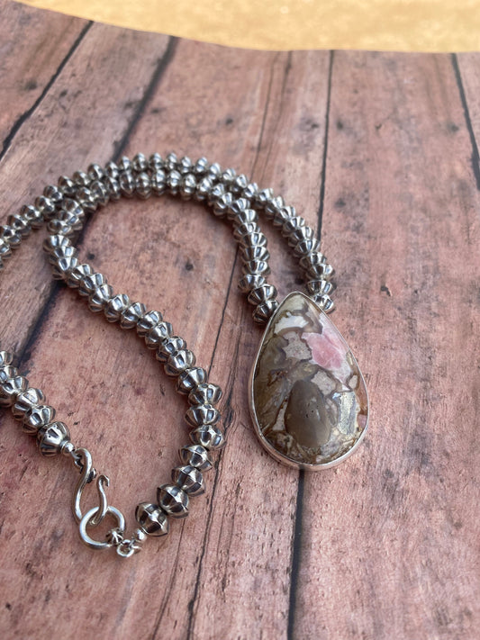 Handcrafted Rhodonite & Sterling Silver Beaded Necklace
