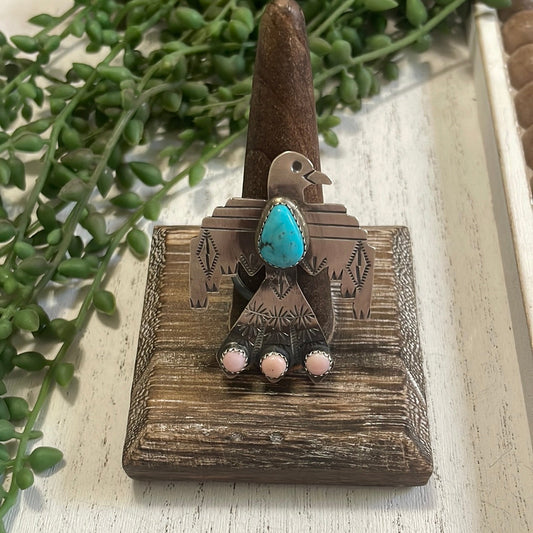 Handcrafted Thunderbird Sterling Silver, Pink Conch & Turquoise Adjustable Ring Signed