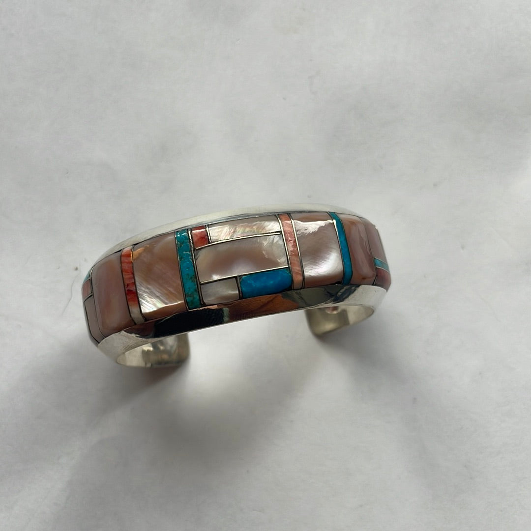 Handcrafted Multi Stone & Sterling Silver Inlay Cuff Bracelet