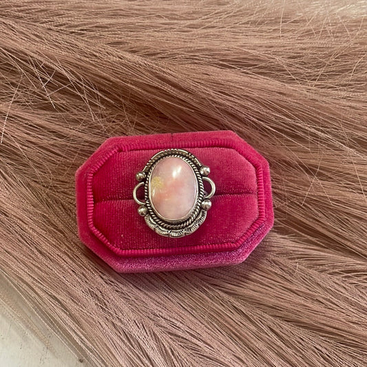 Gorgeous Handcrafted Pink Peruvian Opal And Sterling Silver Adjustable Ring