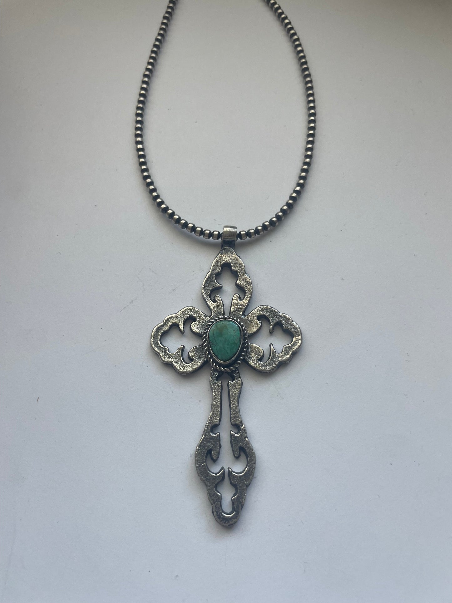 Handcrafted Sterling Silver & Turquoise Cross Pendant Signed Eugene Mitchell