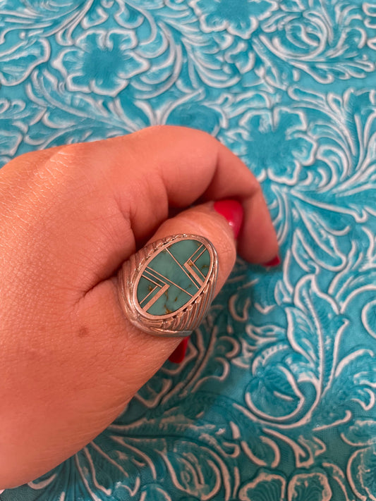 Old Pawn Handcrafted Sterling Silver & Turquoise Inlay Ring Size 11