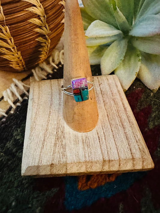 Handcrafted Sterling Silver & Multi Stone Inlay Ring Size 7.5