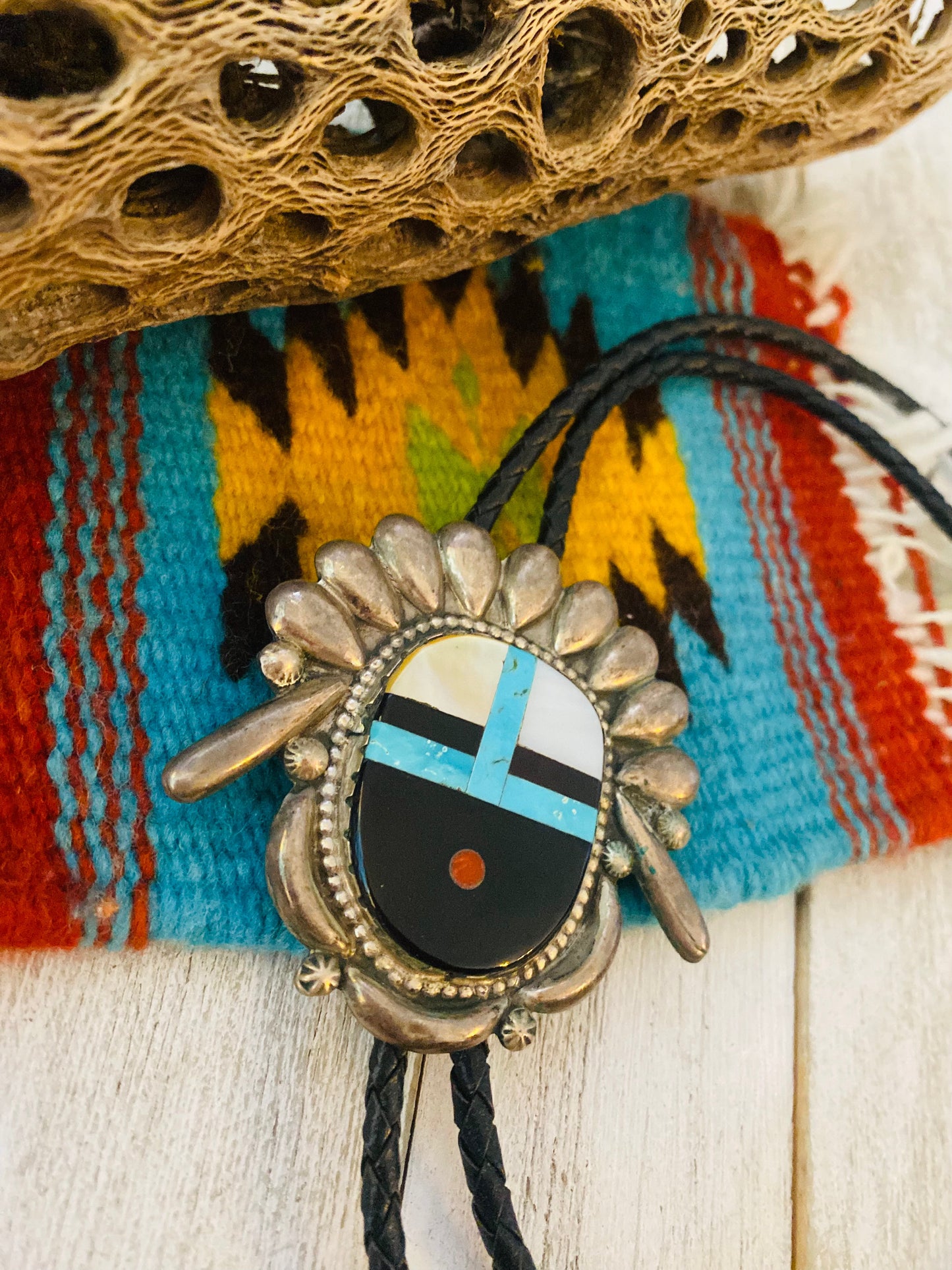 Vintage Handcrafted Sterling Silver & Multi Stone Inlay Bolo Tie