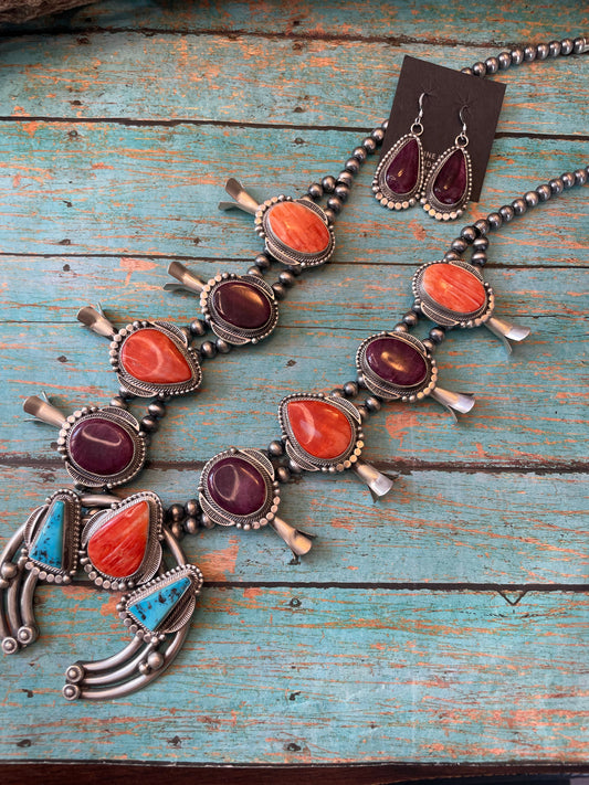 Handcrafted Turquoise, Spiny Oyster And Sterling Silver Squash Blossom Necklace & Earrings Set By Tom Lewis*