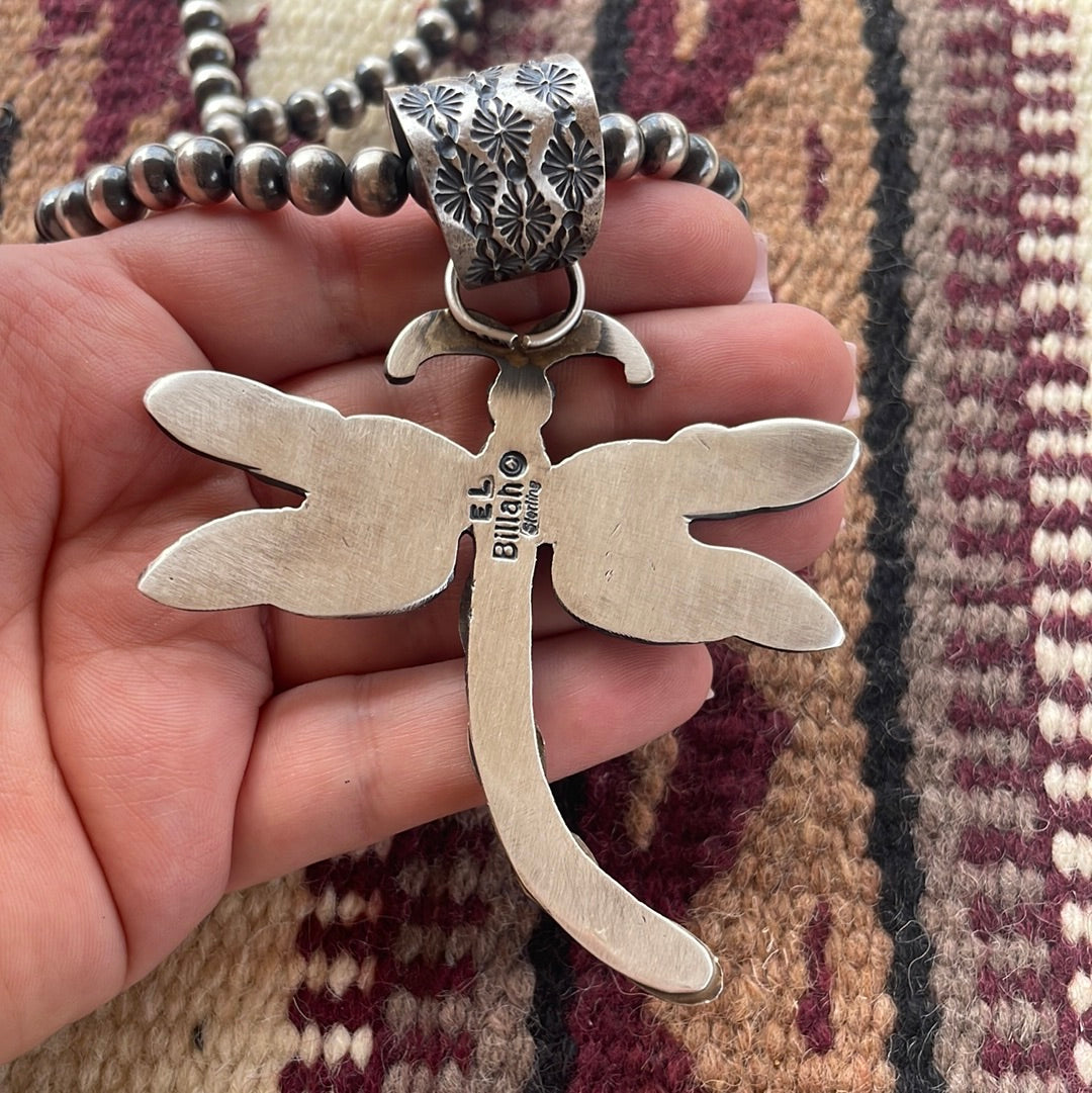 Handcrafted Pink Conch & Sterling Silver Dragonfly Pendant Signed E Billah