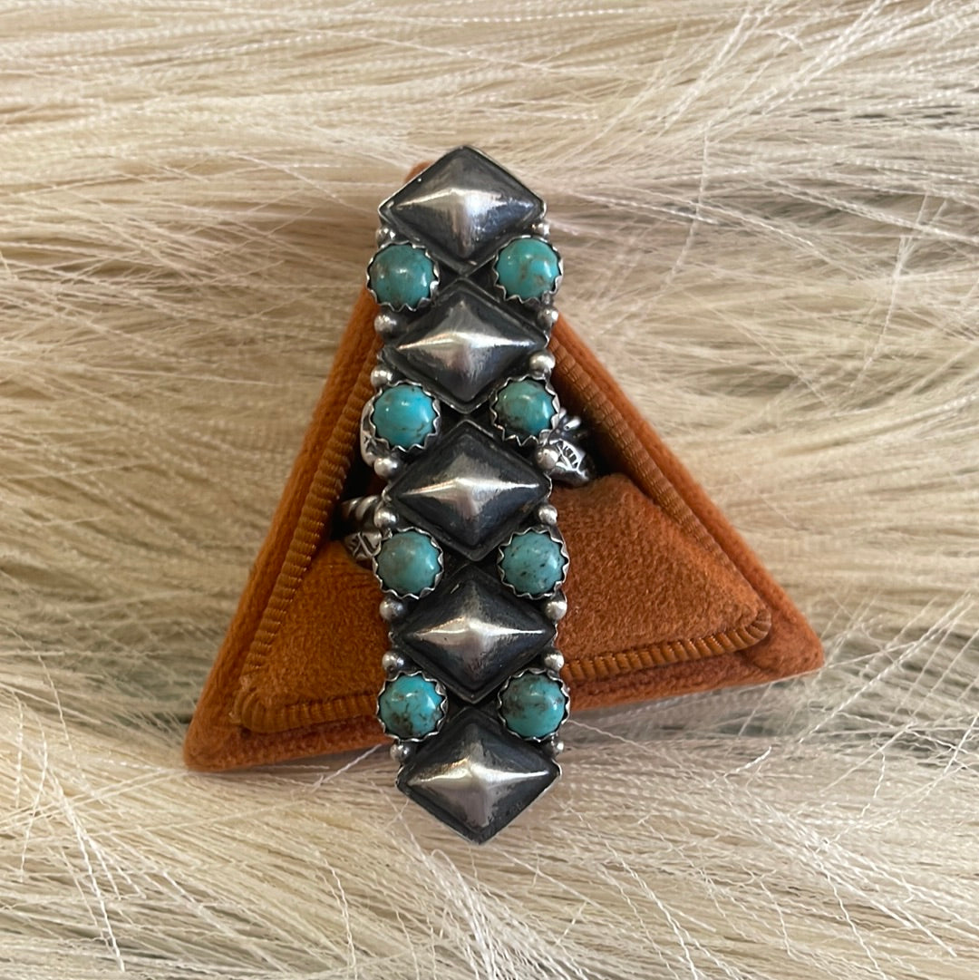 Handcrafted Turquoise Sterling Silver Adjustable Ring Signed Russell Sam