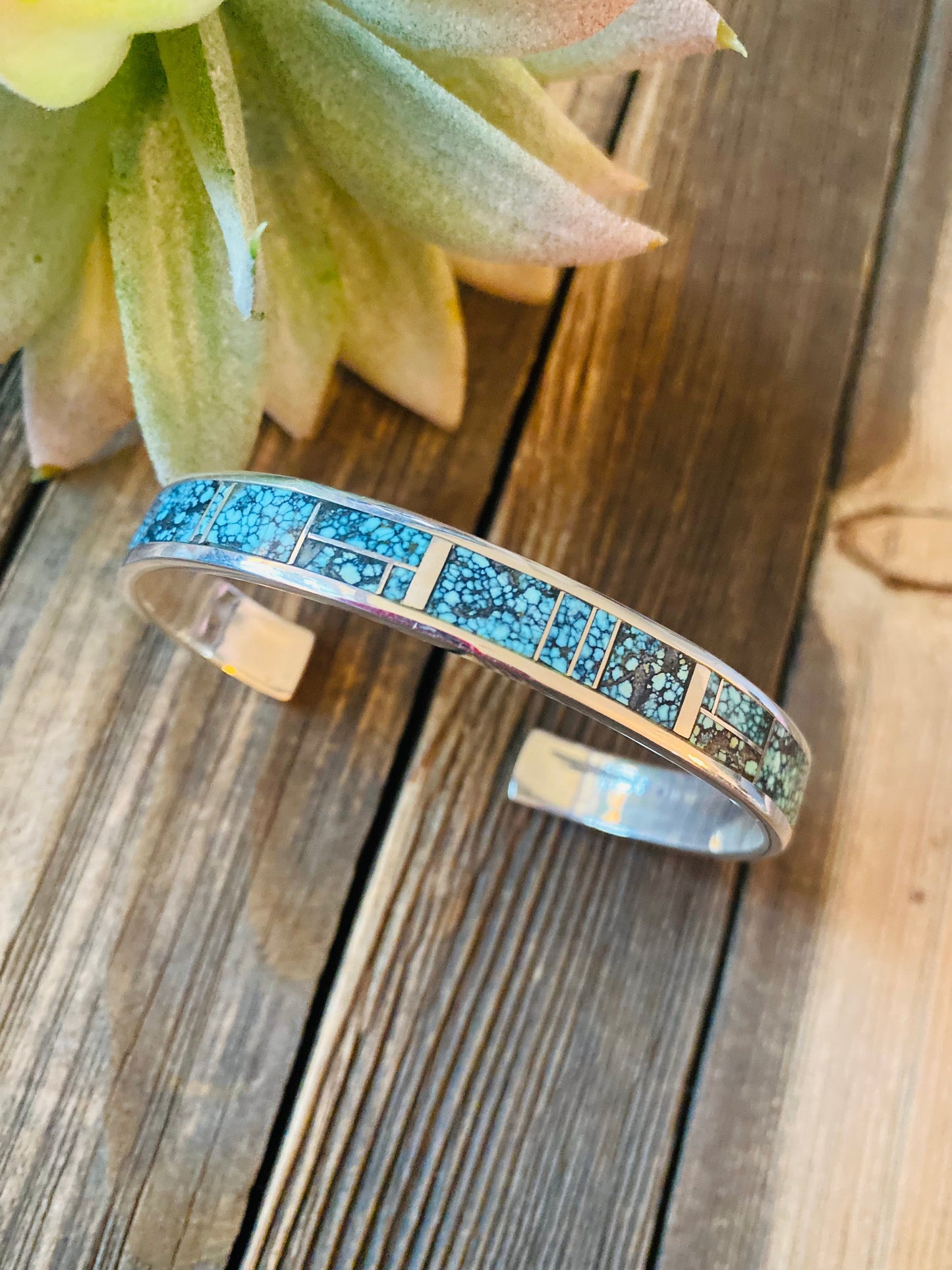 Navajo Kingman Spiderweb Turquoise & Sterling Silver Inlay Cuff Bracelet