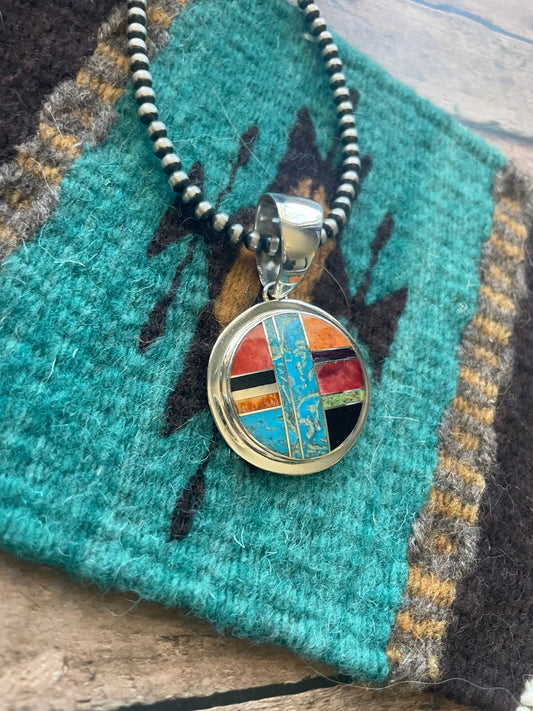 Handcrafted Multi Stone Inlay & Sterling Silver Circle Pendant