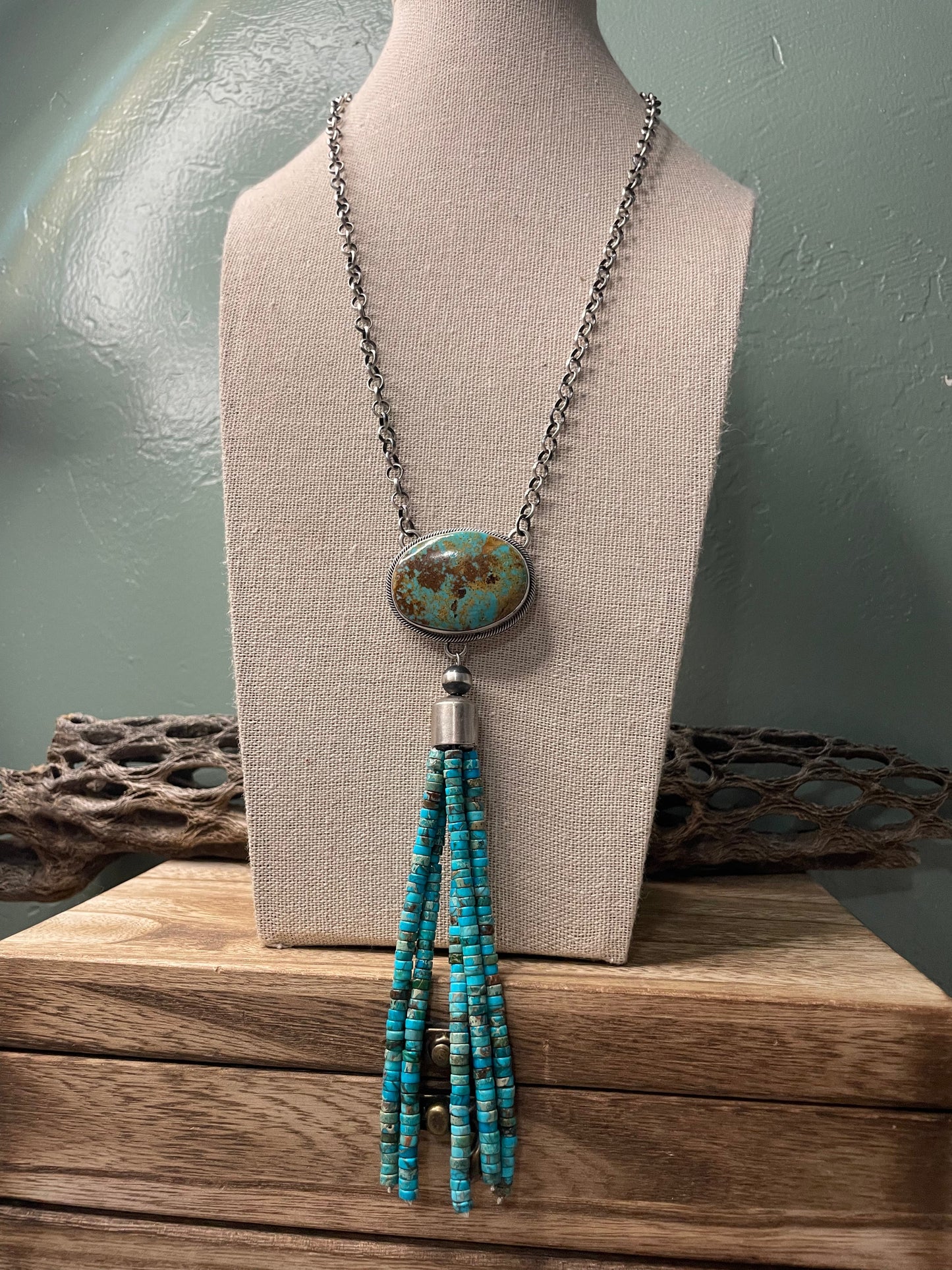 Handcrafted Turquoise & Sterling Silver Drop Necklace Signed Emer Thompson