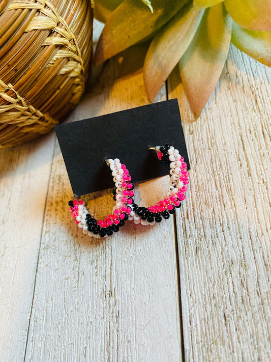 Handcrafted Handmade Beaded Hoop Earrings- pink