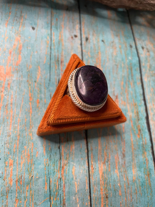 Old Pawn Handcrafted Sterling Silver & Charorite Ring Size 9