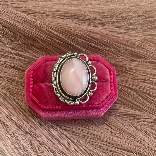 Gorgeous Handcrafted Pink Peruvian Opal And Sterling Silver Adjustable Ring