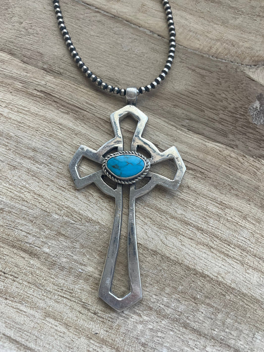 Handcrafted Sterling Silver & Turquoise Cross Pendant Signed Eugene Mitchell