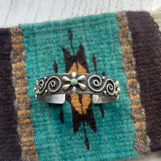 Handcrafted Sterling Silver & Turquoise Flower Swirl Bracelet Cuff Signed