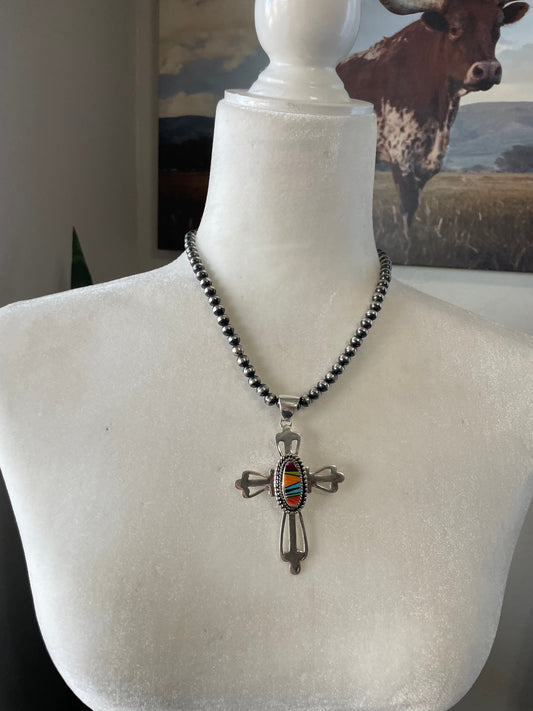 Handcrafted Multi Stone Inlay & Sterling Silver Cross Pendant Signed